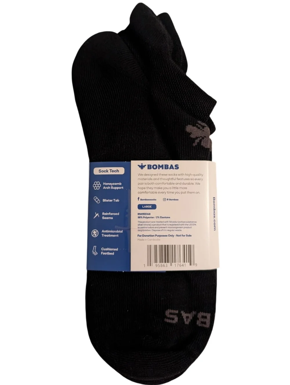 Bombas Black Cushioned Ankle Pair Socks Blister Tab Arch Support Large NWT